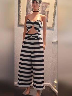 ASOS Petite Black & White Striped Wide-Leg Jumpsuit with Bow Accents